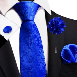 Gusleson Mens Royal Blue Tie Silk Floral Wedding Necktie Pocket Square Cufflinks and Lapel Pin Brooch Set (UK6107-04)