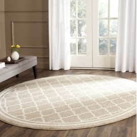 SAFAVIEH Amherst Collection AMT422S Moroccan Trellis Non-Shedding Dining Room Entryway Foyer Living Room Bedroom Area Rug, 5' x 5' Round, Wheat / Beige