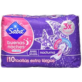 Saba Toallas Sanitarias para Dama Buenas Noches sin Alas Nocturna, color Morado /Rosa, 10 Piezas