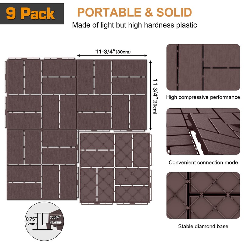 Goovilla Plastic Interlocking Deck Tiles, 9 Pack Outdoor Patio Flooring,