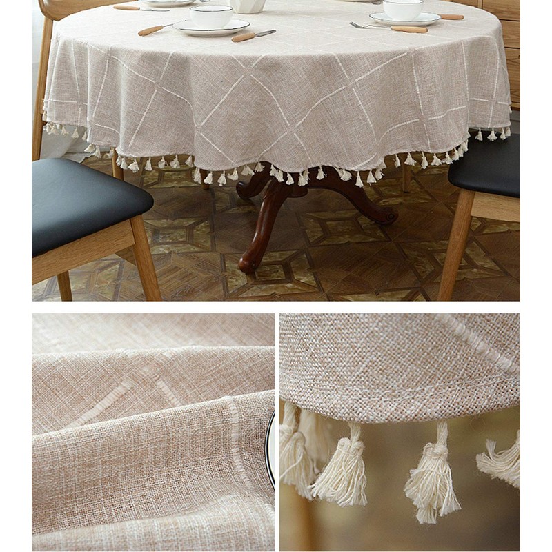 Heavy Weight Cotton Linen Tablecloth, Plaid Tassel Round Table Cover