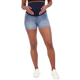Savi Parker Women's Knit Denim Maternity Shorts Over Belly - 4" Inseam (L, NHI Wash)