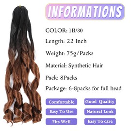 French Curly Braiding Hair Pre Stretched 22 Inch 8 Packs Bouncy Loose Wavy Braiding Hair Yaki Texture French Curl Braiding Hair Extensions for Black Women (55.88 cm, 1B/30)