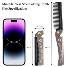 GEN'C BÉAUTY Folding Beard and Hair Comb, Pocket-Sized Stainless Steel Handle with Fine-Tooth Comb, Portable Styling Tool for Men (Black)