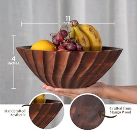 Folkulture Natural Ribbed Salad Bowl | 11” Large Mango Wood Serving Bowl for Salad, Fruit & Pasta | Decorative Wooden Bowl for Kitchen Island, Dining Table & Entertaining