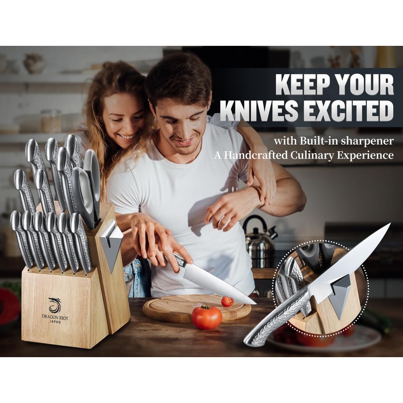 14 PCS Knife Set with Wood Block - Stainless Steel