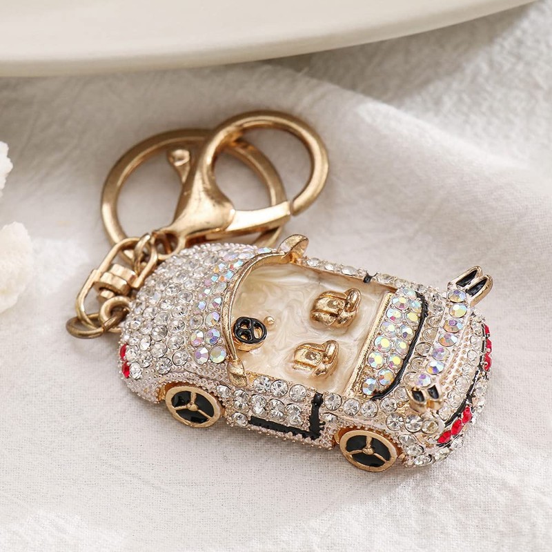 Sparkling Convertible Vehicle Rhinestone Keychain, Car Keyring Pendant, White, 5,5