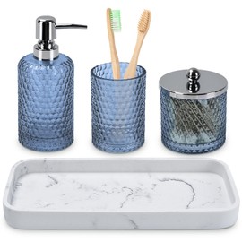 Bathroom Accessories Set,4 Pcs Blue Glass Bathroom Accessories Sets-Lotion Soap Dispenser,Toothbrush Holder,Qtip Holder Dispenser & Resin Vanity Tray,Countertop Vanity Organizer,Blue