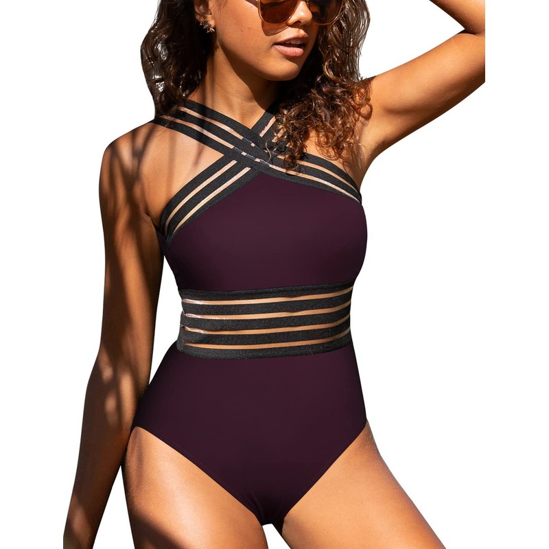 Hilor Women's One Piece Swimwear Front Crossover Swimsuits Hollow Bathing