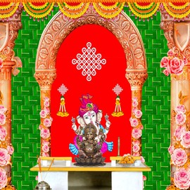 SATVIK 8x5ft. Fabric Backdrop for Indian Pooja Décor Ganpati Photo Traditional Puja Cloth Backdrop Mehndi Diwali Festival Marigold Flower Garland Tulle Curtain Wedding Bridal Baby Shower Wall Banner