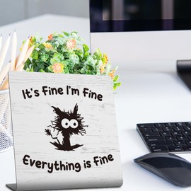 Funny Black Cat Office Decor Sign for Cubicle Desk Decorations, It's Fine I'm Fine Everything is Fine Home Office Desk Shelf Decor Plaques Gifts for Women Coworker Wife Employees Friends TZU97