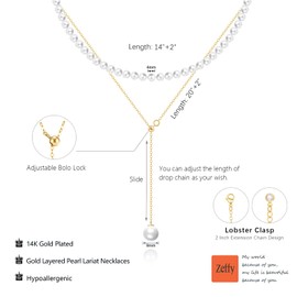 Zeffy Layered Long Pearl Necklaces Dainty Gold Pearl Lariat Necklace Stack Prom Drop Dangle Statement Adjustable Necklace Trendy Simple Pearl Choker Y-Shaped Chain Wedding Women's Jewelry Set Gift