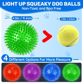 Ousiya 4 Pack 4.5" Light Up Squeaky Dog Balls, Spiky Dog Toy Balls for Medium Large Dogs