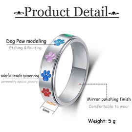 LuckyAmor Anxiety Ring for Women Fidget Rings - 6mm Multicolor Dog Paw Ring Stainless Steel Spinner Rings for Anxiety for Women Stress Relief Gift for Teen Boys Girls Size 6-10 (8, Silver)…