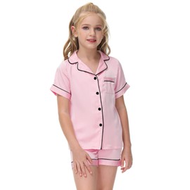 Veseacky Girls' Satin Pajamas Set Two Piece Silk Nightwear Button-Down Sleepwear for Mom and me (Pink,size 8)