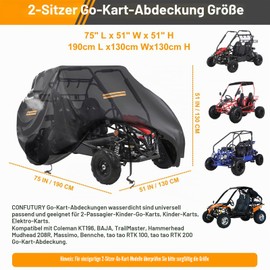 Large Go Kart Covers, Waterproof, Upgraded 420D Oxford 2-Seater Go-Kart Cover, Go Kart Accessories with Air Vent, 4 Reflective Handles, 2 Windproof Buckles, Protective