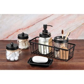 Premium Mason Jar Bathroom Accessories Set (6PCS) - Lotion Soap Dispenser,Toothbrush Holder,2 Apothecary Jars(Qtip Holder), Soap Dish,Storage Organizer Basket - Rustic Farmhouse Decor (Black)