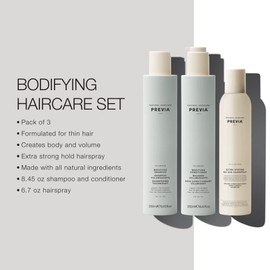 PREVIA Volumising Bodifying Hair Kit - Volumizing Shampoo Conditioner Set 8.45 oz Extra Strong Hairspray 6.7 oz for Thin Hair Thickening Moisturizing Strength Boost Volume and Shine Vegan Sulfate Free