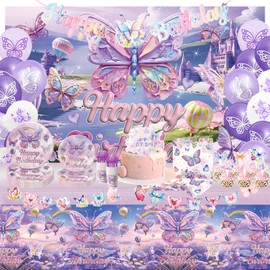 172 PCS Butterfly Birthday Party Supplies,Purple Butterfly Birthday Decorations,Butterfly Party Plates, Cups,Butterfly Party Decorations，Butterfly Themed Parties Serves 24 (purple)