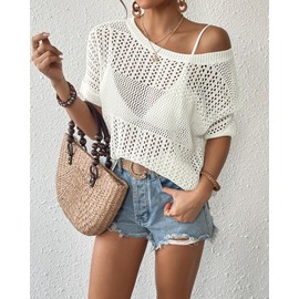 Bsubseach Crochet Tops for Women Short Sleeve Cover Ups for Swimwear Women Knit Hollow Out Sweater Mesh Top White S