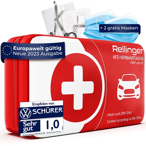 Rellinger® Car First Aid Kit 2023 for TÜV Tested [Valid throughout Europe] – Includes 2 Medical Face Masks – Complete First Aid Kit [DIN 13164 Certified] – (German Road Traffic Regulations Compliant)