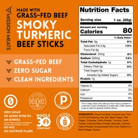 Mission Meats Beef Sticks – 100% Grass Fed & Pasture Raised, Zero Sugar, Gluten Free, Meat Sticks Individually Wrapped, Healthy Snacks, Whole 30, Paleo, Smoky Turmeric 1oz (Pack of 72)
