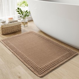 RESARE Waffle Bath Mat for Bathroom, Super Absorbent Bathroom Rugs Non Slip Machine Washable, Ultra Soft Boho Bath Rugs with Tassels for Bathroom Floor, Upgraded Bordered Design, 18"x30" Brown