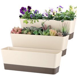 Sanbege Window Box Planter with Tray, 12" Rectangle Plant Pot, Pack of 3 (Beige)