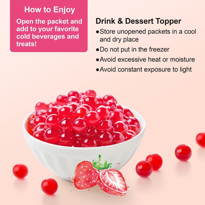 J WAY Bursting Popping Strawberry Boba Pearls, Strawberry Syrup, Non-Dairy,