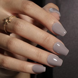 KQueenest Dark Gray Press On Nails Short Coffin - Acrylic Press On Nails with Glue, Ballerina Medium Short Fake Nails Press ons, Glossy Stone Grey, Reusable Soft Gel Glue on Nails for Women, 30 Pcs