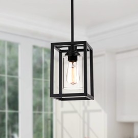 Kitchen Pendant Lighting Over Island, 1-Light Matte Black Farmhouse Pendant Light Fixtures, Rectangle Linear Metal Hanging Lighting Fixture with Clear Glass Shade for Dining Room Entryway Hallway
