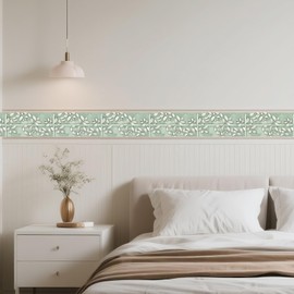 IVN Wallpaper Border Peel and Stick Wall Green Leaf Decorative Wall Trim Self Adhesive Border for Walls Mirror Frame Accent Strip for Bedroom Kitchen LivingRoom Floral Design 4x196 Inch