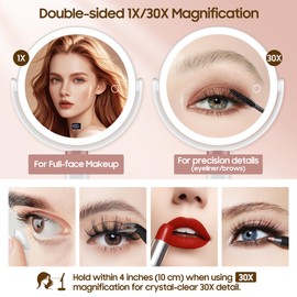 GOMIPURU Magnifying Makeup Mirror with Light and 30X/1X Magnification, Digital Display, Dual-Side Touch Control, 3 Light Modes, 360° Rotation, 2-Sided Height Adjustable Makeup Mirror with Lights