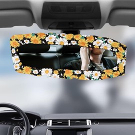 Tomeusey Daisy Car Rearview Mirrors Cover Auto Interior Mirror Accessories Universal Fit Vehicle Rearview Mirror Decoration,Easy to Install & Washable