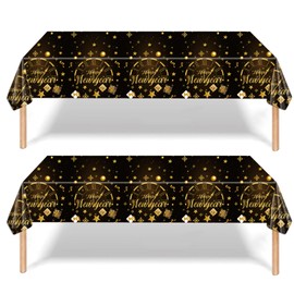 2Pcs Happy Newyears Eve Party Tablecloth Decorations Tablecover,137*274cm BlackGold Clock Disposable Party Table Cloth Party Table Covers,Dining Tablecover for Winter Holiday Newyears Party Decor