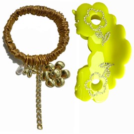 Flower Hair Claw Clip and 100% Mulberry Mini Silk Skinny Scrunchies Set Acetate Hair Clips Ideal For Women and Girls (Brown)