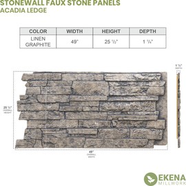 EverStone Acadia Ledge Faux Stone Panel, 49"W x 25 1/2"H x 1 1/4"D, Linen Graphite Color