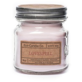 Eco Candle Co. Mason Jar Candle, Lovespell, 8 oz. - Scents of Cherry, Apples, Peaches, & Jasmine - 100% Soy Wax, No Lead, Kraft Label & Antiqued Pewter Lid, Hand Poured, Midwest Grown Soybeans