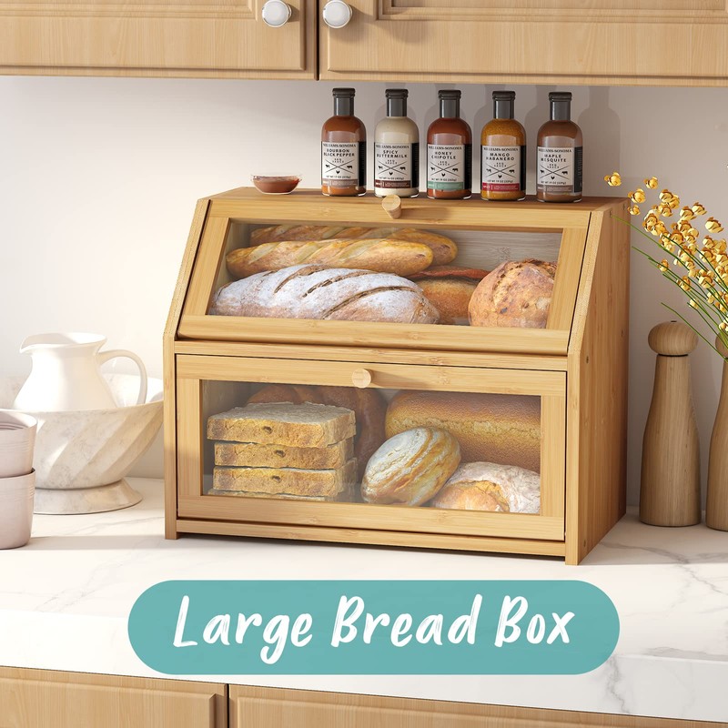 Vriccc Large Bread Box,Bamboo Wood for Kitchen Counter, Corner Bread
