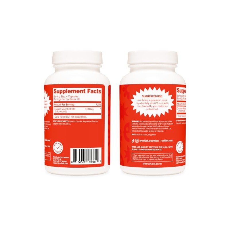 Wellah Cápsulas de monohidrato de creatina (3000 mg) 120 cápsulas