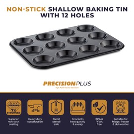 Tower T943007HG29 Precision Plus Shallow Muffin Tin with 12 Moulds Made in Aluminised Steel with a Non-Stick Coating, Black