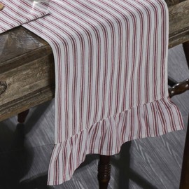 Timeless Ticking Red Runner with Ruffles, Country Farmhouse Table Décor, Christmas & Holiday, Red & White Stripe, 44" L x 13" W