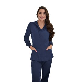 Green Town Scrubs for Women - Hoodie Pull-Over Scrub Jacket, 4 Pockets, Lightweight, Stretch Fabric, Easy Care -Indigo-Large
