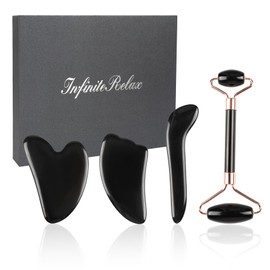 Gua Sha Facial Tools Set, 4pcs Natural Obsidian Jade Gua Sha Face Sculpting Tools, Face Roller & GuaSha Tool for Face, Double Chin Jawline Fascia Cellulite Remover & Point Treatment