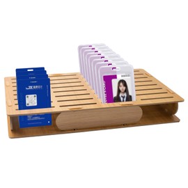 Name Badge Holder, 32 Grids Wooden ID Badge Tray Organizer Brown Name Card Display Stand for Desk Office Business Reception, 13.39 x 7.48 x 1.9 Inch