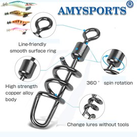 AMYSPORTS Fishing swivels Corkscrew snap swivels Fishing Tackle swivels Saltwater Freshwater Leader Lure jigs line Connector 50pcs 42lbs