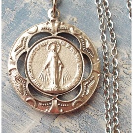 GORGEOUS  Miraculous Medal pendant 1 1/4'' round~stainless steel chain~Italy