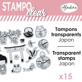 Aladine - Stampo Clear Japan - 15 Clear Stamps for Scrapbooking Card Creative Hobbies - Cherry Blossoms Cat Maneki Neko Koi Carp Asian - 04243
