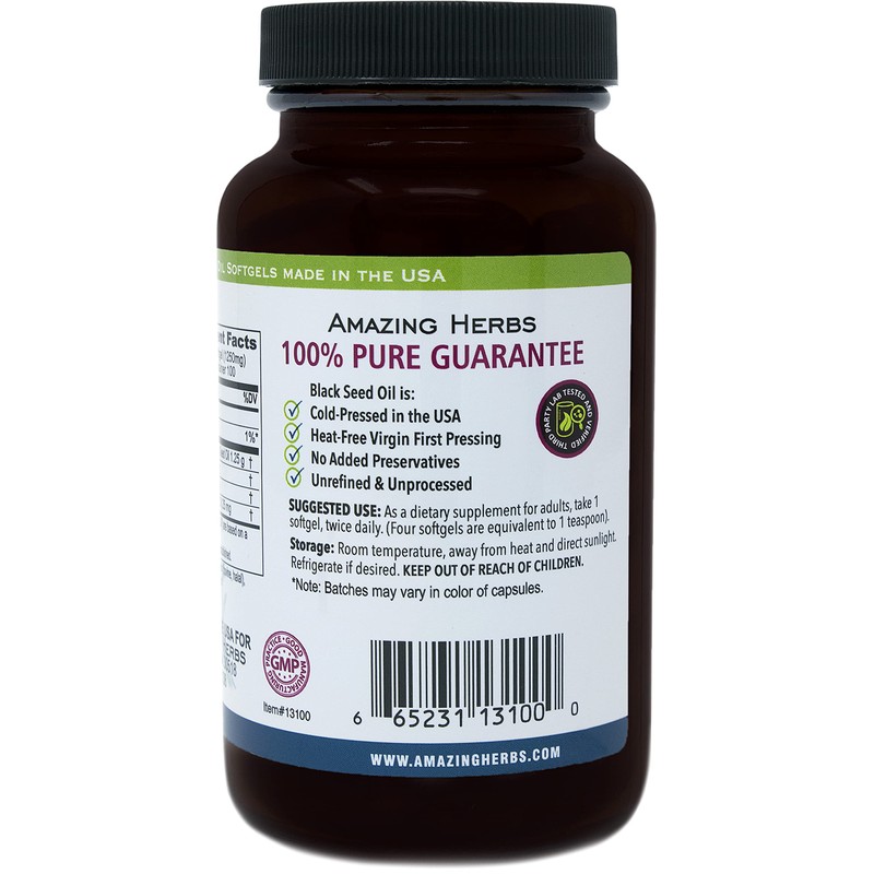 Amazing Herbs Black Seed Oil Pills 1250mg, 100 Softgel Capsules