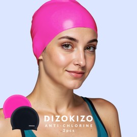 Dizokizo 2pcs High Elasticity Silicone Swim Cap for Women and Men, Comfortable Non-Slip Swimming Caps for Long and Short Hair, Durable Waterproof Swim Hats for Adults, Keep Hair Dry (Rose red & Black)